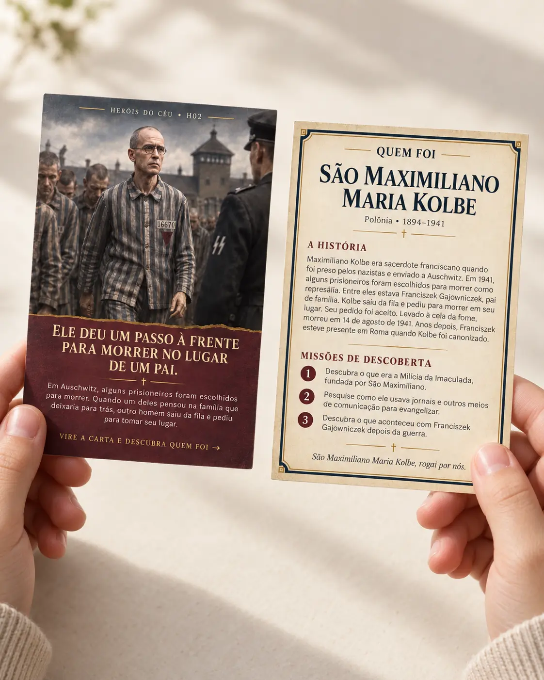 Frente e verso da carta de São Maximiliano Kolbe mostrando como uma história revela o santo e suas Missões de Descoberta.